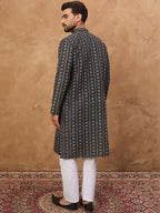 Men Black Silk Blend Geometric Printed Straight Kurta With Pant Set-MKSET1523