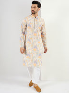 Men Off White Viscose Rayon Abstract Embroidered Straight Kurta With Pant Set-MKSET1063