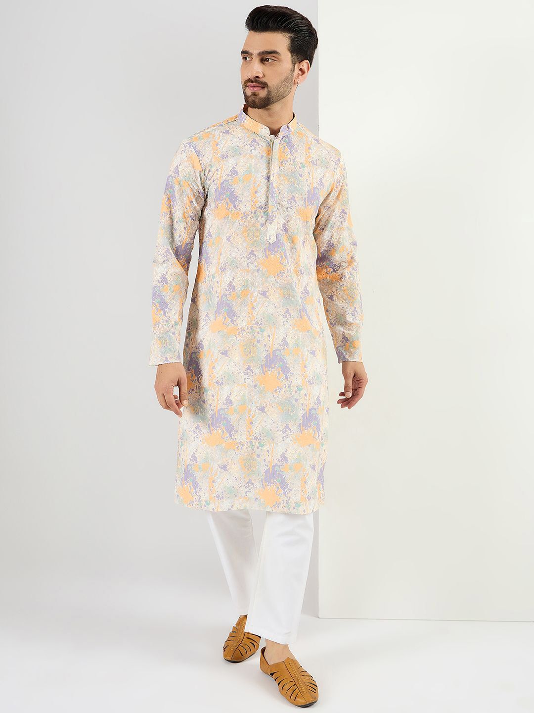 Men Off White Viscose Rayon Abstract Embroidered Straight Kurta With Pant Set-MKSET1063