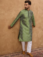 Men Green Silk Blend Geometric Printed Straight Kurta With Pant Set-MKSET1522