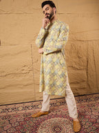 Men Yellow Viscose Rayon Bandhani Embroidered Straight Kurta With Pant Set-MKSET1192