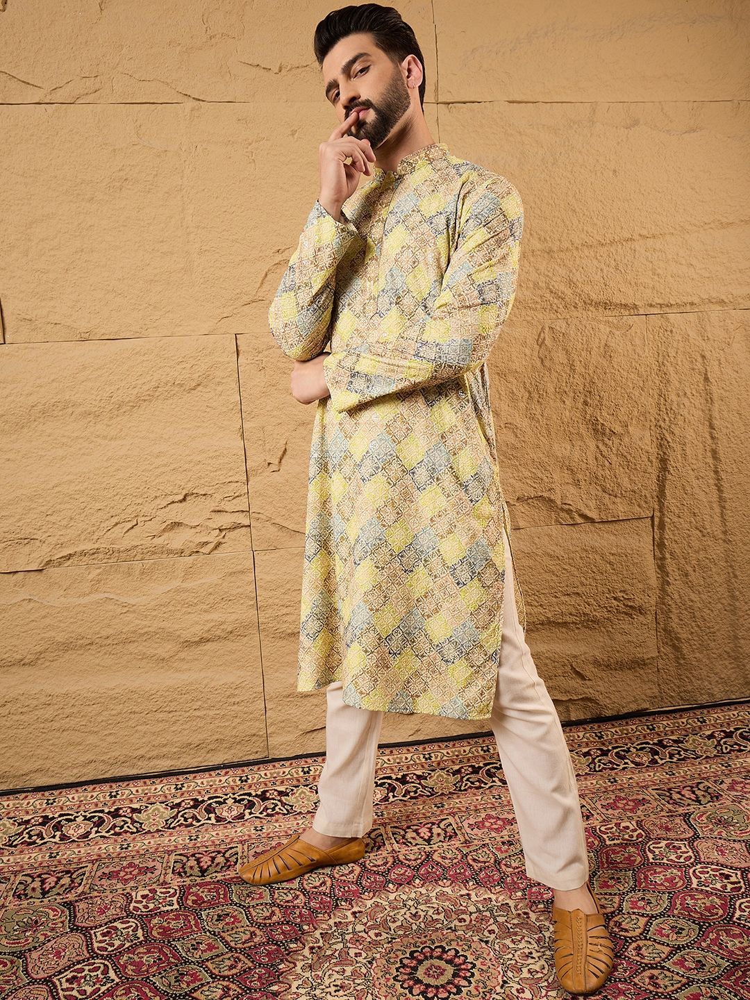 Men Yellow Viscose Rayon Bandhani Embroidered Straight Kurta With Pant Set-MKSET1192