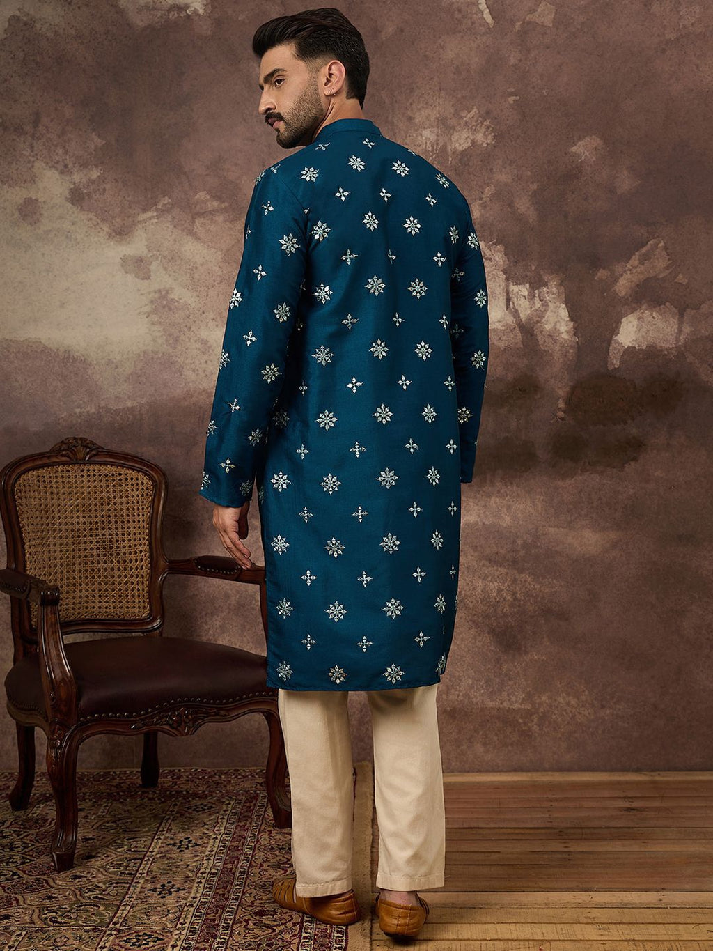 Men Blue Silk Blend Solid Embroidered Straight Kurta With Pant Set-MKSET1371