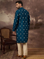 Men Blue Silk Blend Solid Embroidered Straight Kurta With Pant Set-MKSET1371