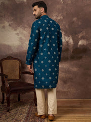 Men Blue Silk Blend Solid Embroidered Straight Kurta With Pant Set-MKSET1371
