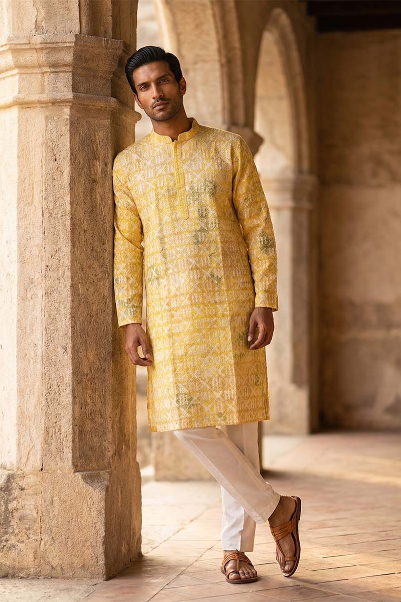 Yellow Viscose Rayon Embroidered Straight Kurta With Trousers MKSET1669