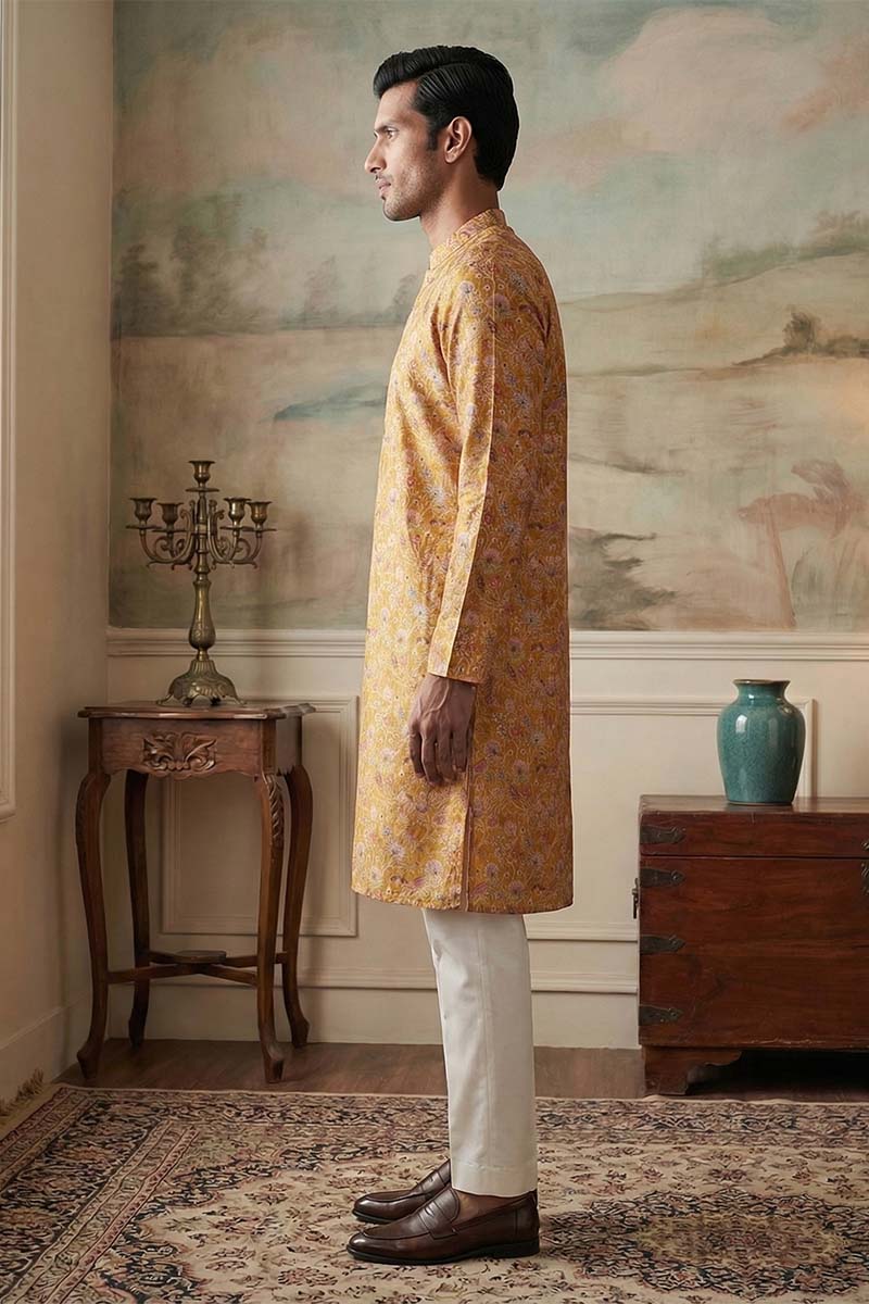 Mustard Silk Blend Printed Straight Kurta MKU1976