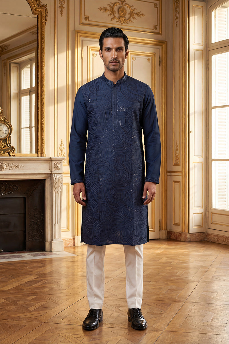 Blue Silk Blend Embroidered Straight Kurta MKU2124