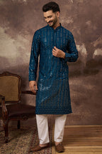 Blue Silk Blend Solid Embroidered Straight Kurta MKU1358