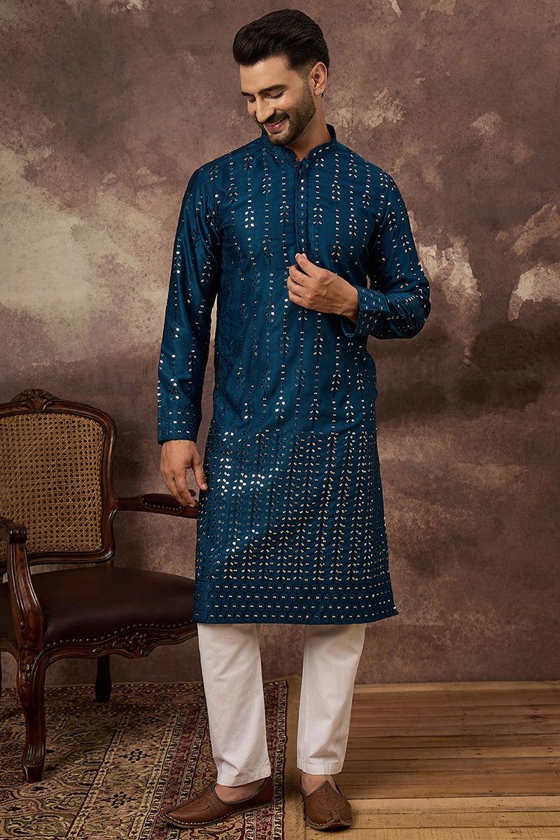 Blue Silk Blend Solid Embroidered Straight Kurta MKU1358