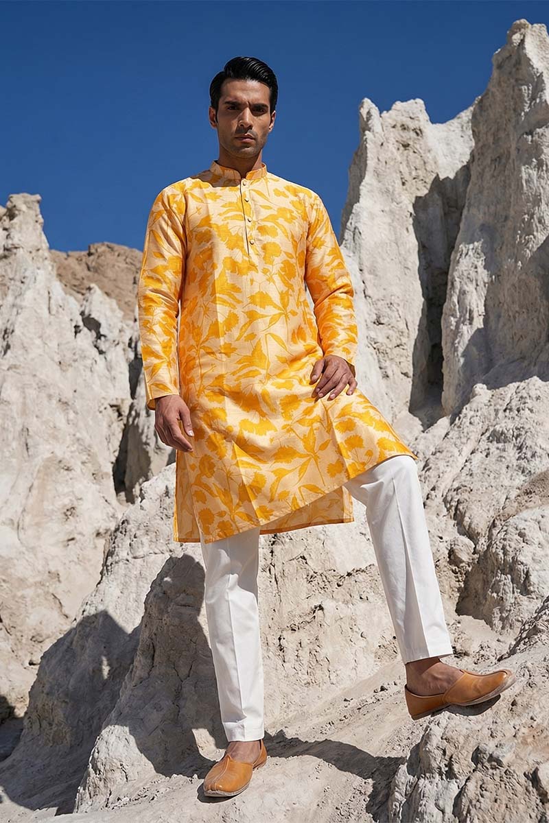 Yellow Silk Blend Printed Straight Kurta With Trousers MKSET2167