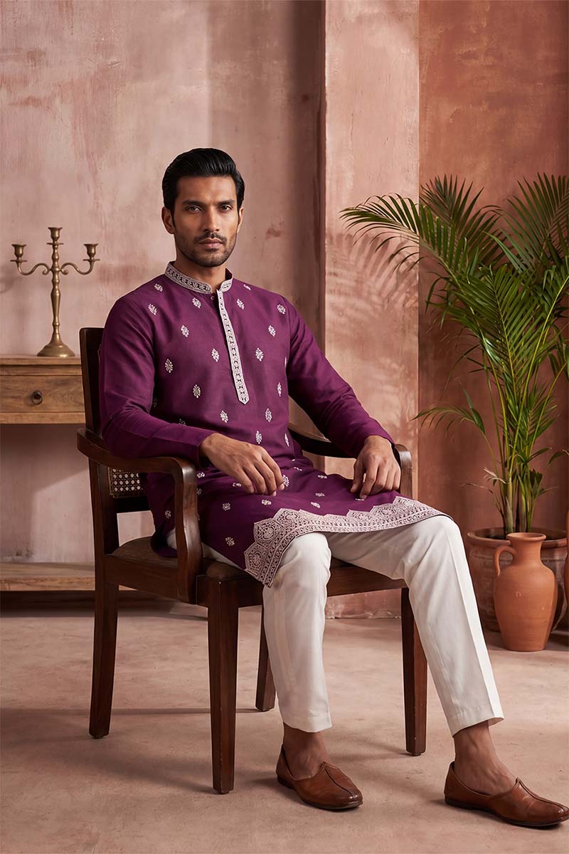 Silk Blend Purple Solid Embroidered Calf Length Straight Kurta With Trousers MKSET2272