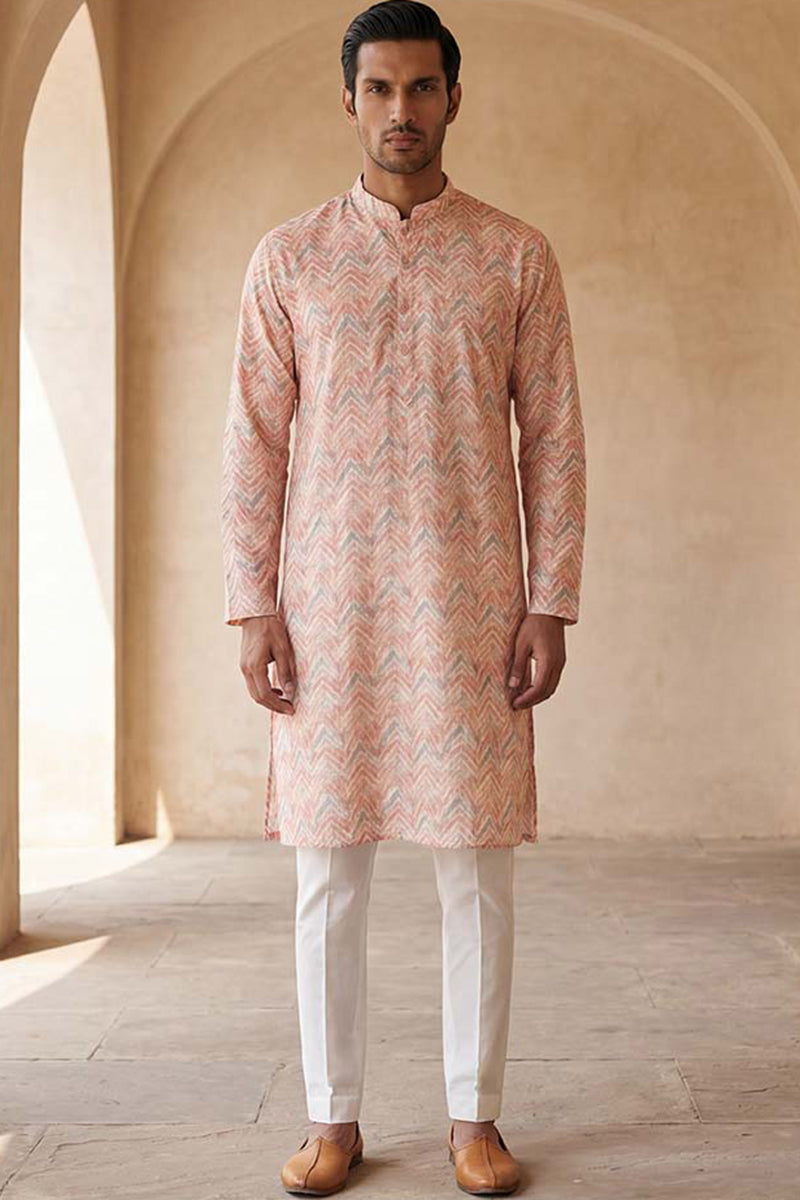 Peach Cotton Blend Chevron Embroidered Kurta With Trouser MKSET2069