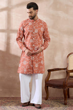 Peach Viscose Rayon Embroidered Mandarin Collar Straight Kurta With Trouser MKSET1989