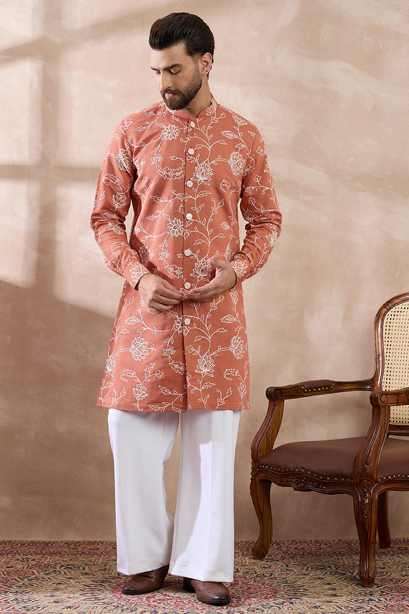 Peach Viscose Rayon Embroidered Mandarin Collar Straight Kurta With Trouser MKSET1989