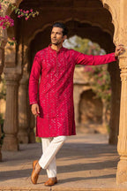 Pink Silk Blend Solid Embroidered Kurta With Trousers MKSET2076
