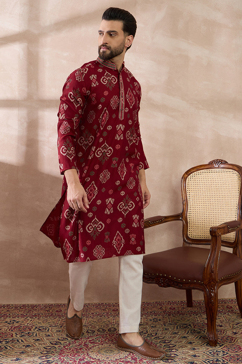 Red Silk Blend Printed Mandarin Collar Straight Kurta With Trouser MKSET1988