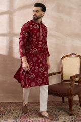 Red Silk Blend Printed Mandarin Collar Straight Kurta With Trouser MKSET1988