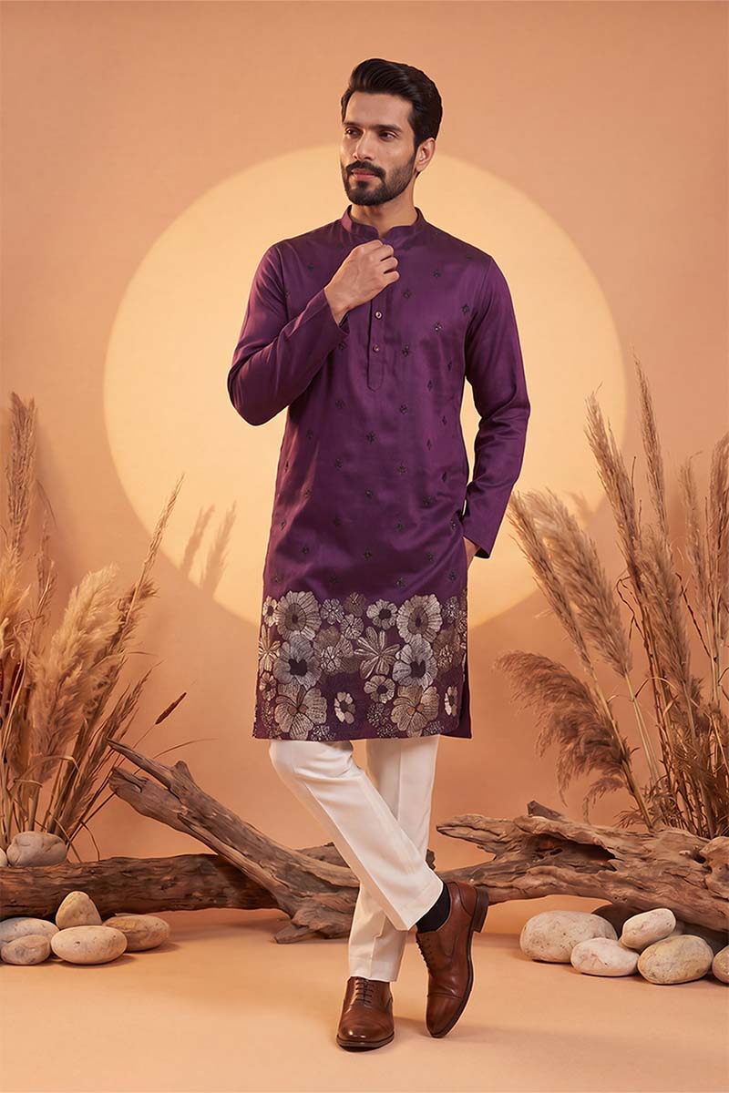 Violet Silk Blend Solid Embroidered Kurta MKU2104