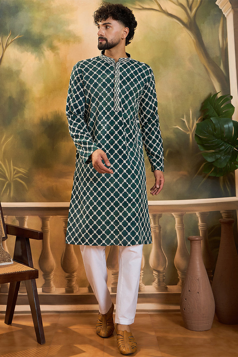 Teal Silk Blend Embroidered Shibori Straight Kurta With Trousers MKSET1416