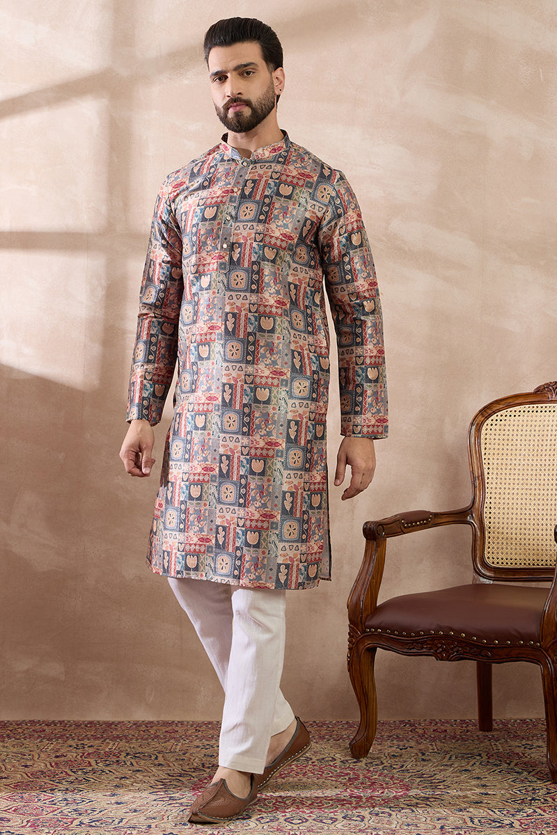 Multi Silk Blend Printed Mandarin Collar Straight Kurta With Trouser MKSET2001