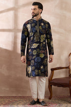 Navy Blue Silk Blend Printed Mandarin Collar Straight Kurta With Trouser MKSET1961