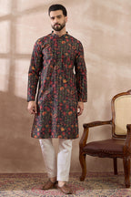 Black Silk Blend Embroidered Mandarin Collar Straight Kurta With Trouser MKSET2096