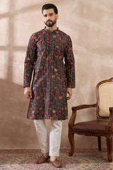 Black Silk Blend Embroidered Mandarin Collar Straight Kurta With Trouser MKSET2096