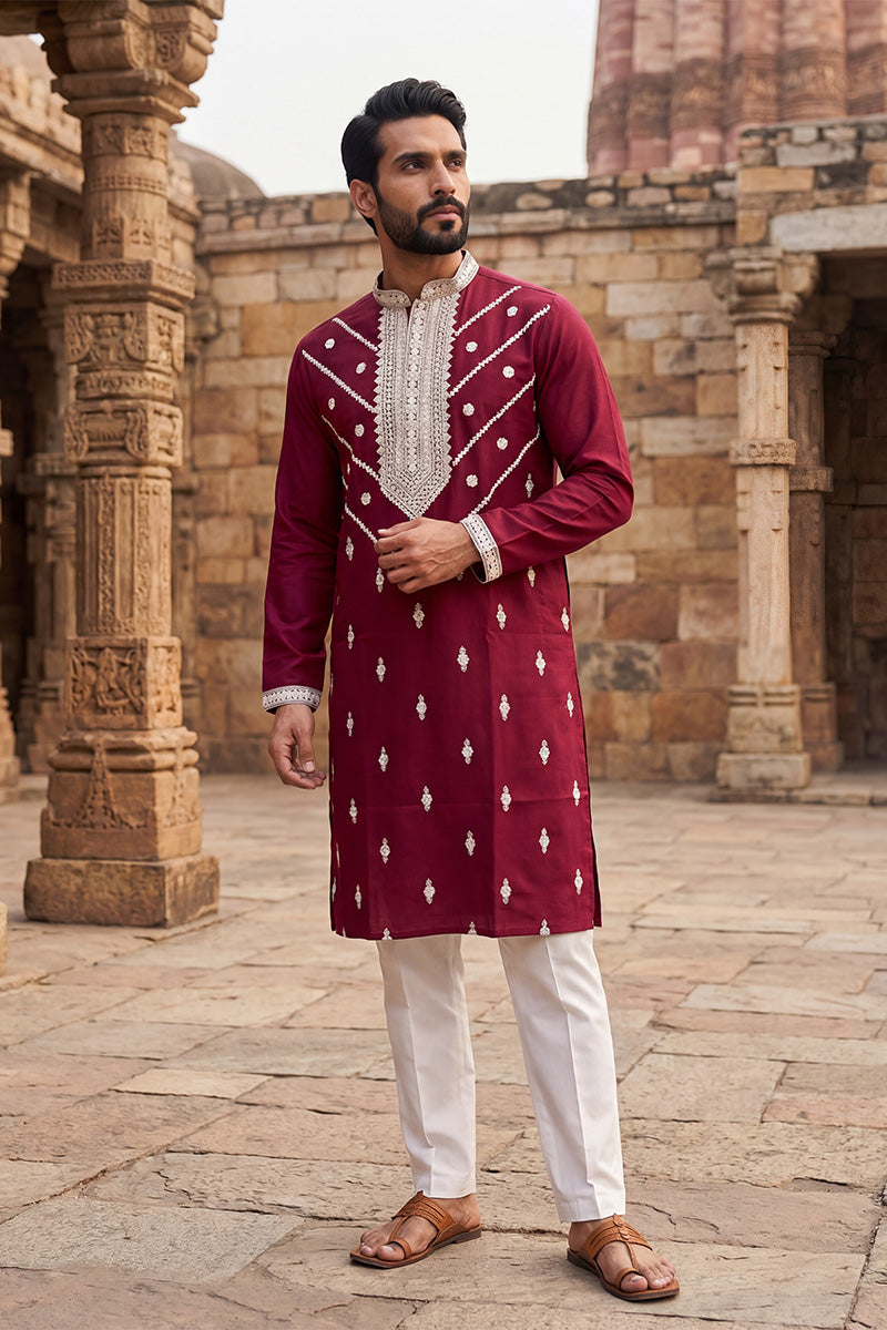 Maroon Silk Blend Embroidered Straight Kurta With Trousers MKSET2048