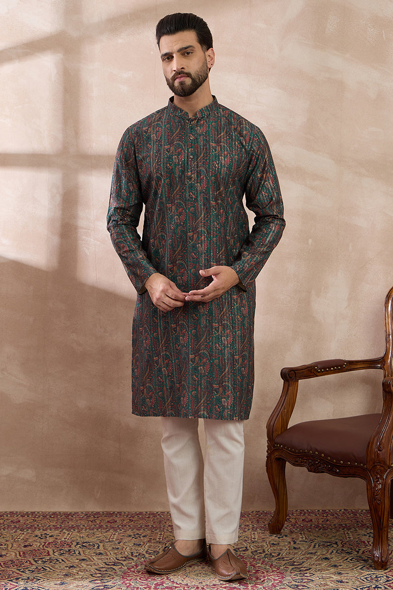 Green Silk Blend Printed Indian Wear for Men MKU2050 | DesiQlo