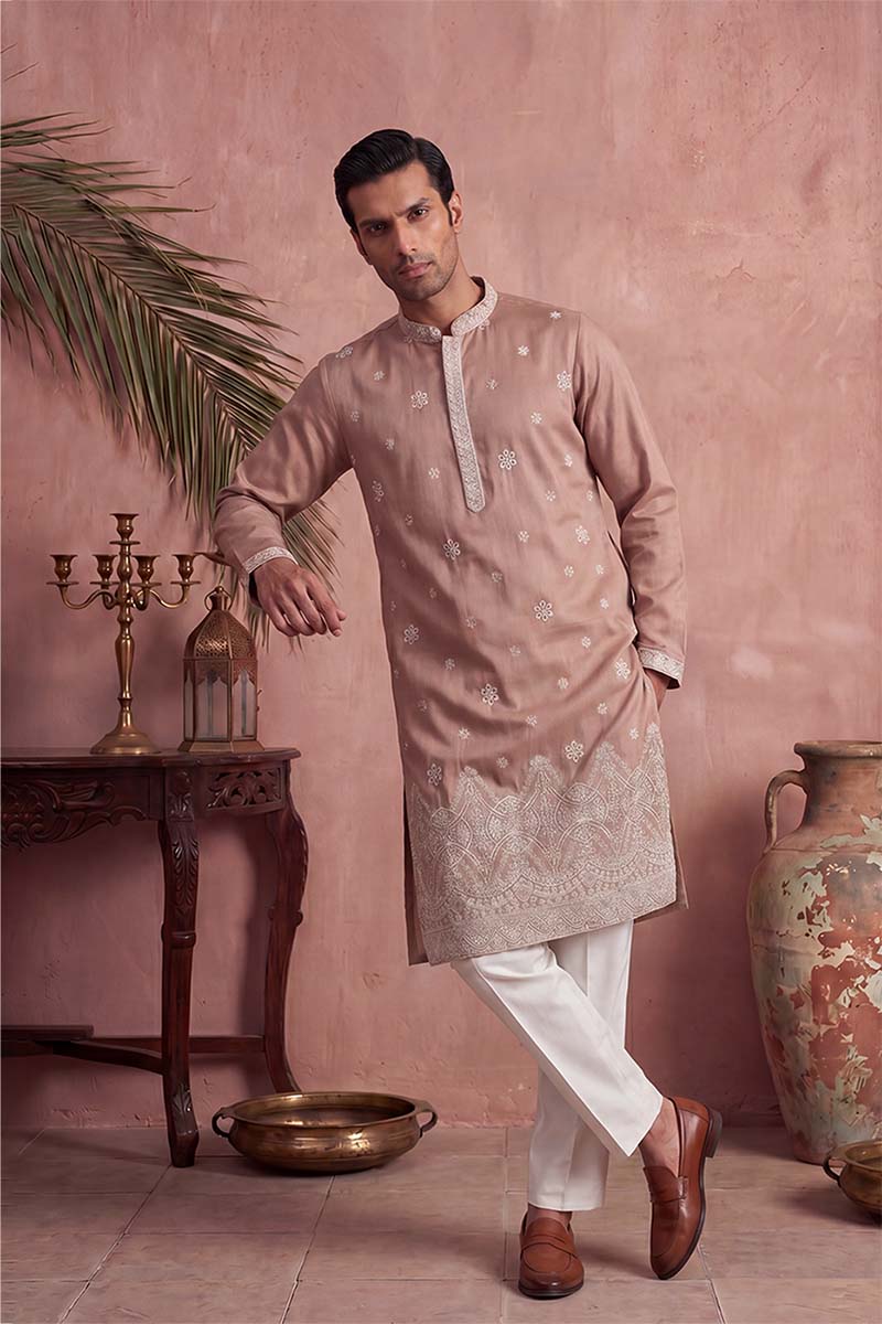 Pink Silk Blend Solid Embroidered Kurta With Trousers MKSET2173