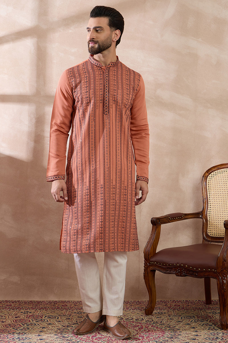 Orange Silk Blend Embroidered Indian Wear for Men MKSET2043 | DesiQlo