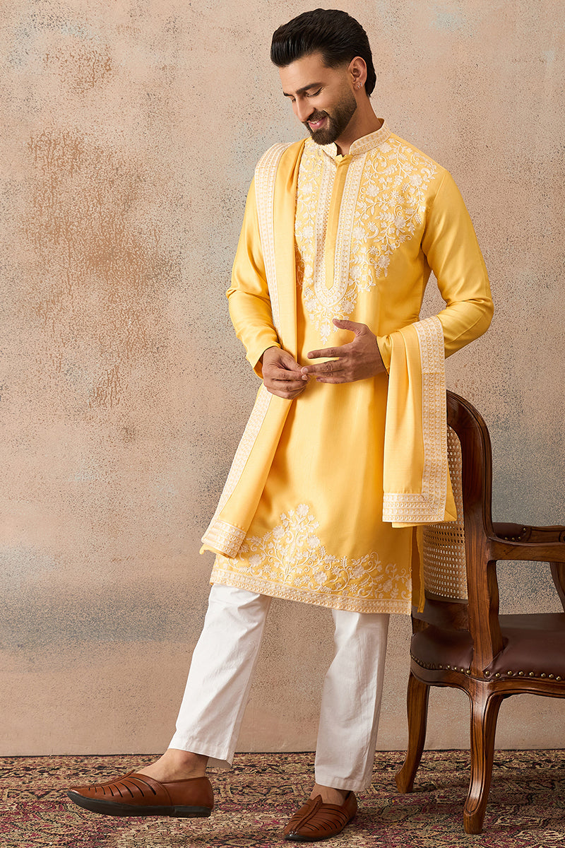 Yellow Silk Blend Floral Indian Wear for Men MKPD1037 | DesiQlo