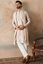 Beige Silk Blend Solid Embroidered Kurta With Dupatta MKUD1042