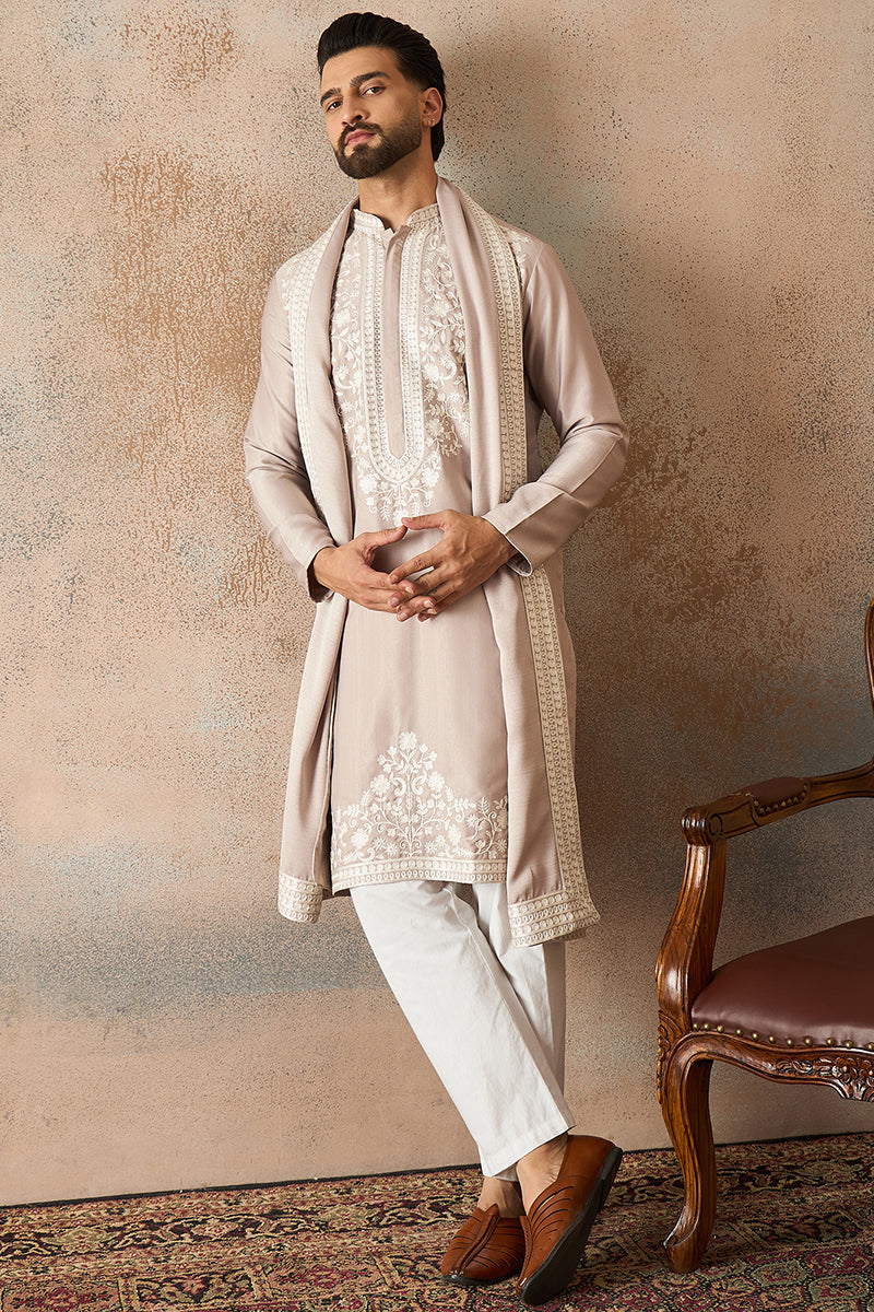Beige Silk Blend Solid Embroidered Kurta With Dupatta MKUD1042