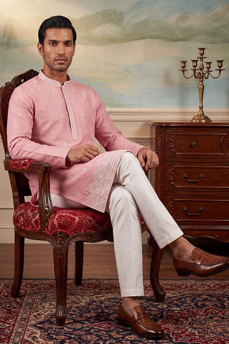 Silk Blend Pink Solid Embroidered Calf Length Straight Kurta With Trousers MKSET2271