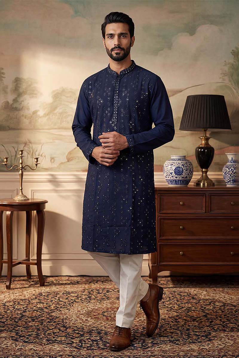 Blue Silk Blend Solid Embroidered Kurta With Trousers MKSET2075