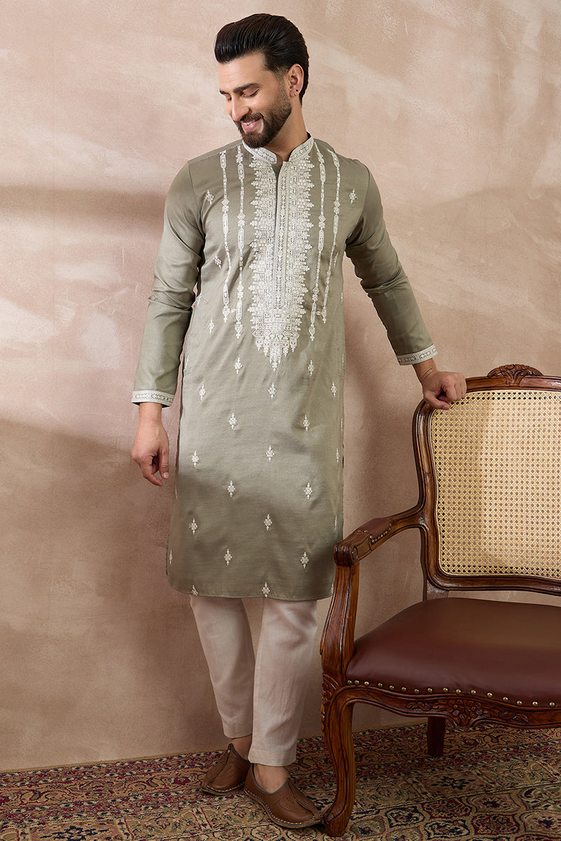 Green Silk Blend Embroidered Indian Wear for Men MKSET1791 | DesiQlo