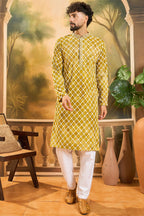 Yellow Silk Blend Embroidered Shibori Straight Kurta With Trousers MKSET1415