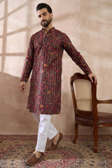 Maroon Silk Blend Printed Mandarin Collar Straight Kurta MKU2024