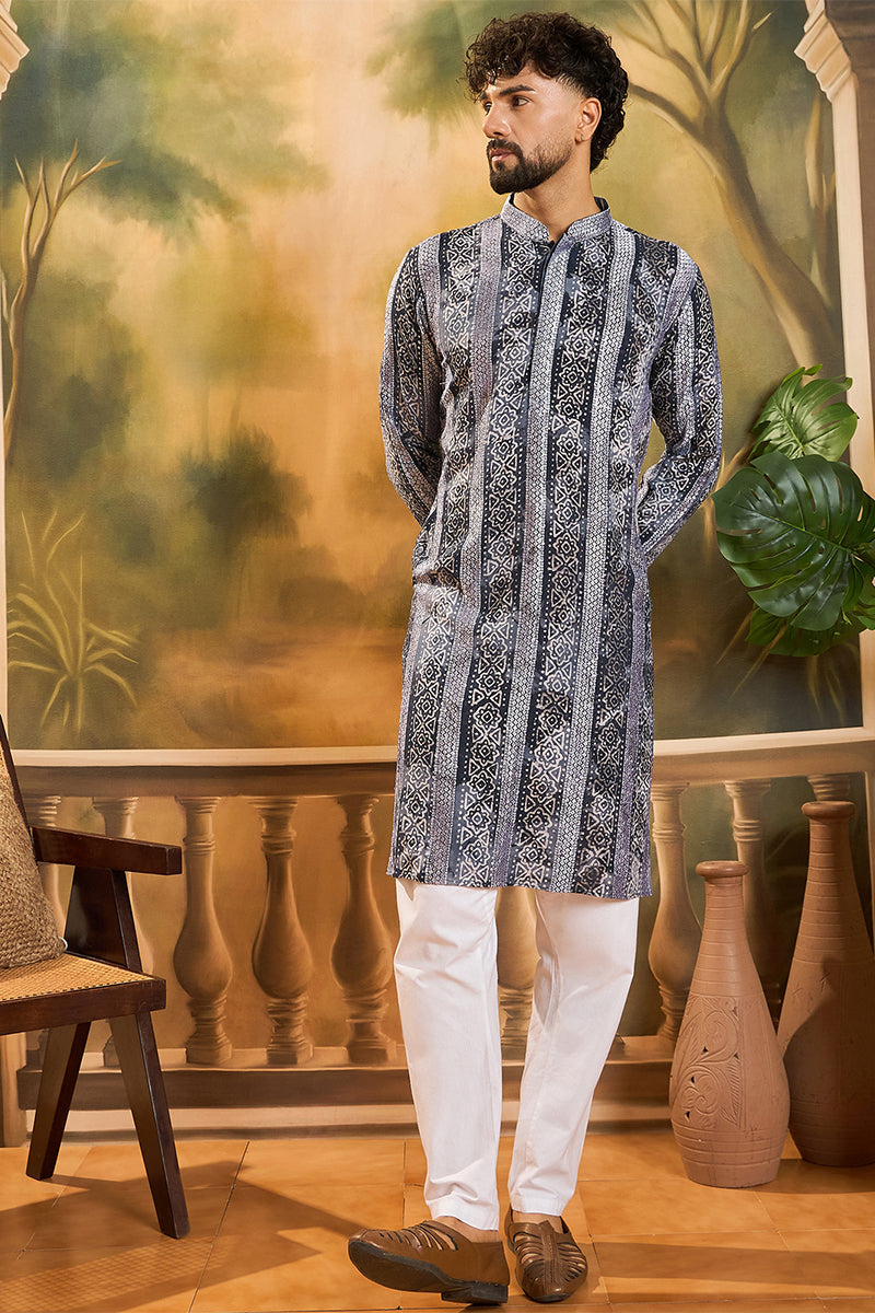 Blue Viscose Rayon Batik Printed Straight Kurta MKU1481