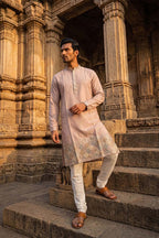 Lavender Silk Blend Embroidered Straight Kurta With Trousers MKSET2094