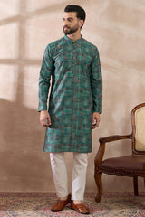 Green Silk Blend Printed Mandarin Collar Straight Kurta With Trouser MKSET2021