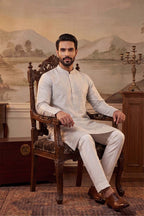Silk Blend Silver Solid Embroidered Calf Length Straight Kurta With Trousers MKSET2273