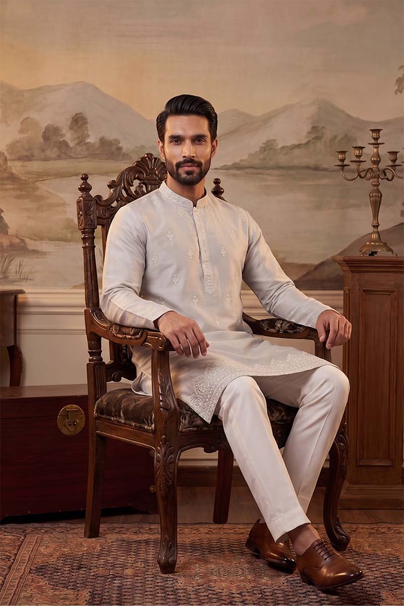 Silk Blend Silver Solid Embroidered Calf Length Straight Kurta With Trousers MKSET2273