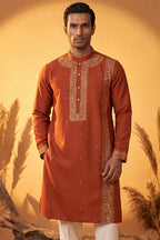 Orange Silk Blend Solid Emboidered Straight Kurta With Trouser MKSET2371