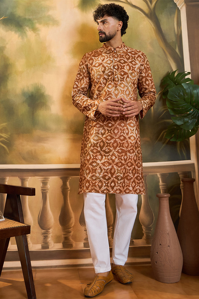 Brown Cotton Batik Embroidered Straight Kurta MKU1461