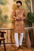 Brown Cotton Batik Embroidered Straight Kurta MKU1461