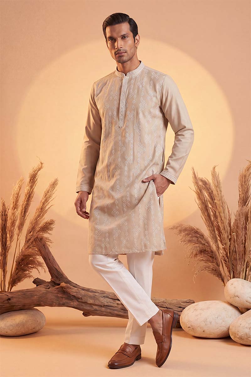 Beige Silk Blend Solid Embroidered Kurta MKU2089