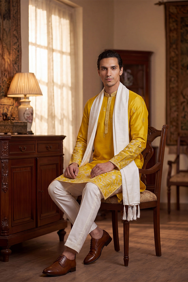 Yellow Chanderi Silk Solid Embroidered Straight Kurta with Dupatta MKUD1314